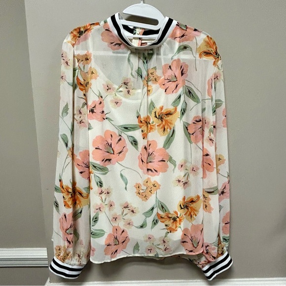 Floral Sheer Blouse with Striped Collar Cato Sz XL Ivory Pink & Green NWT - Picture 1 of 5
